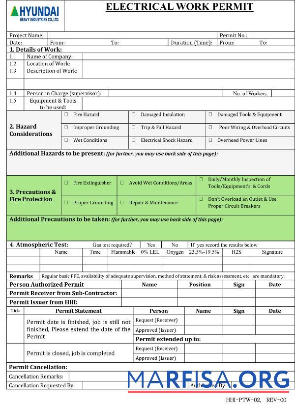 Downloadable Hyundai heavy industries electrical work permit template